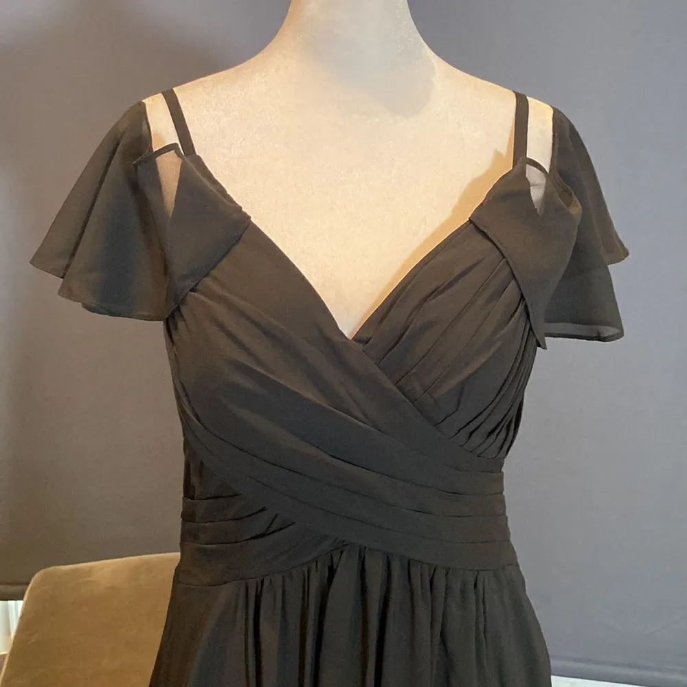 Women’s Black Full Length Cold Shoulder Chiffon Formal Dress Leg Slit Size 8 - Image 3