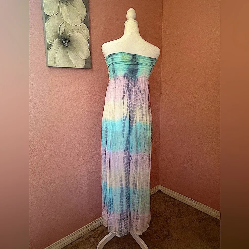 Pastel rainbow Hawaiian maxi Dress in teal & pink tie dye braided top NWT S/M Blue Size undefined - Image 2