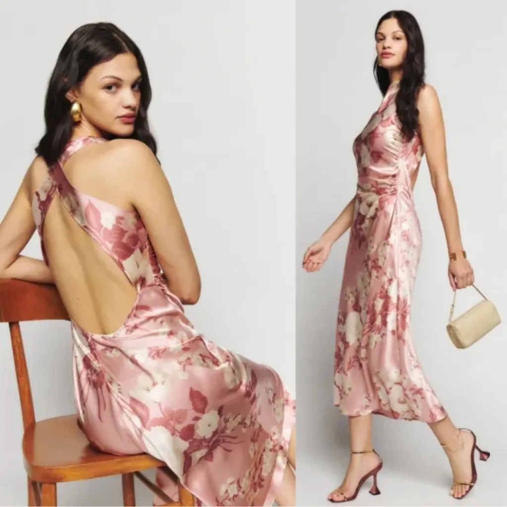 NWT Reformation Casette Maxi Silk Dress in Bellini Pink Floral - Image 3