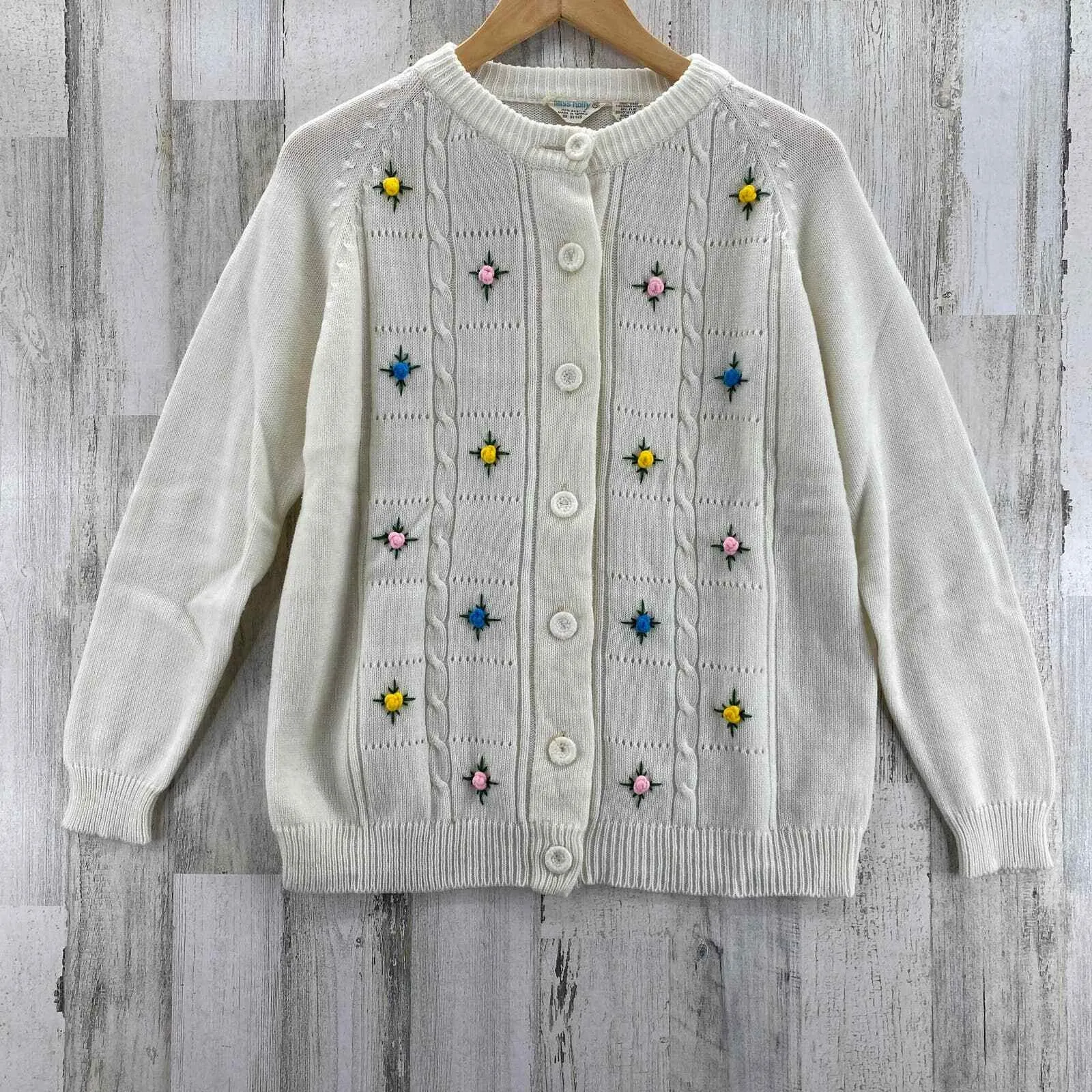 Vintage 70s Miss Holly Preppy Cottagecore Sweater Large White Cable Knit Flowers - Image 2