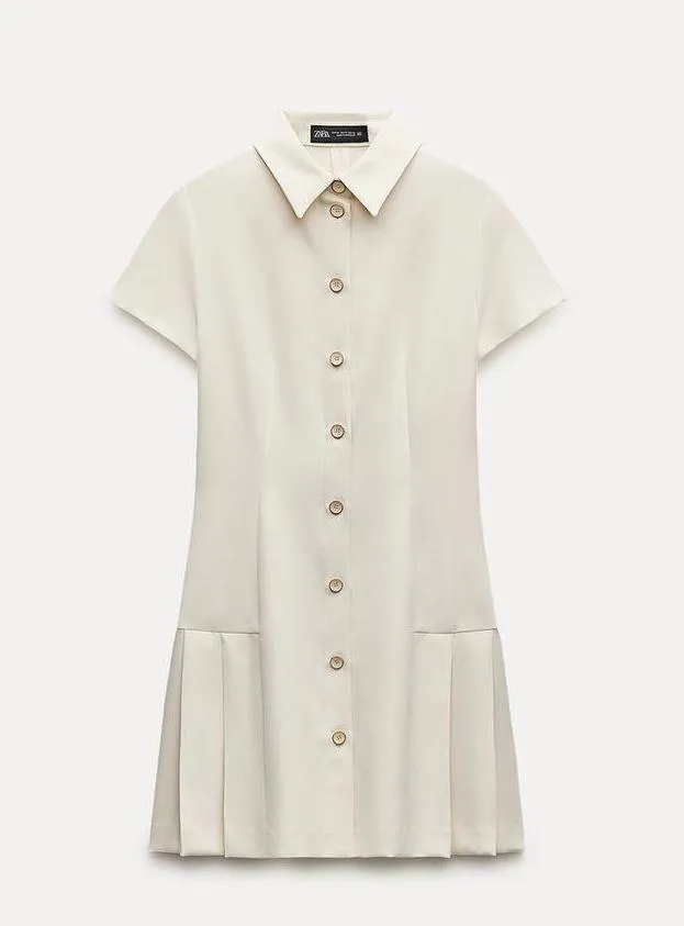 mini dress pleated skirt collar button up ivory casual classic old money - Image 10