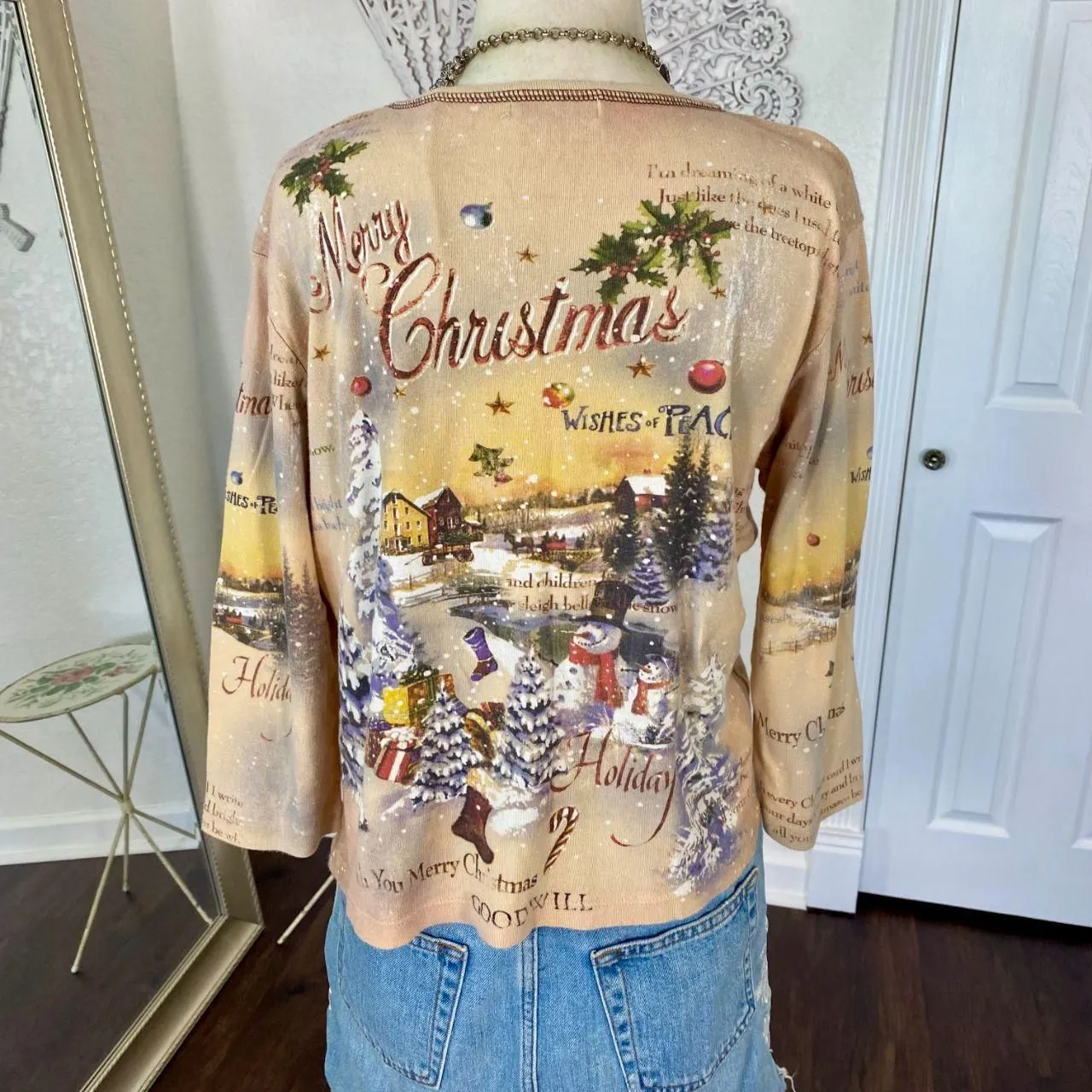 Vintage Early 2000's Nostalgia Christmas Sequin Graphic Print Long Sleeve L Tan Size L - Image 6