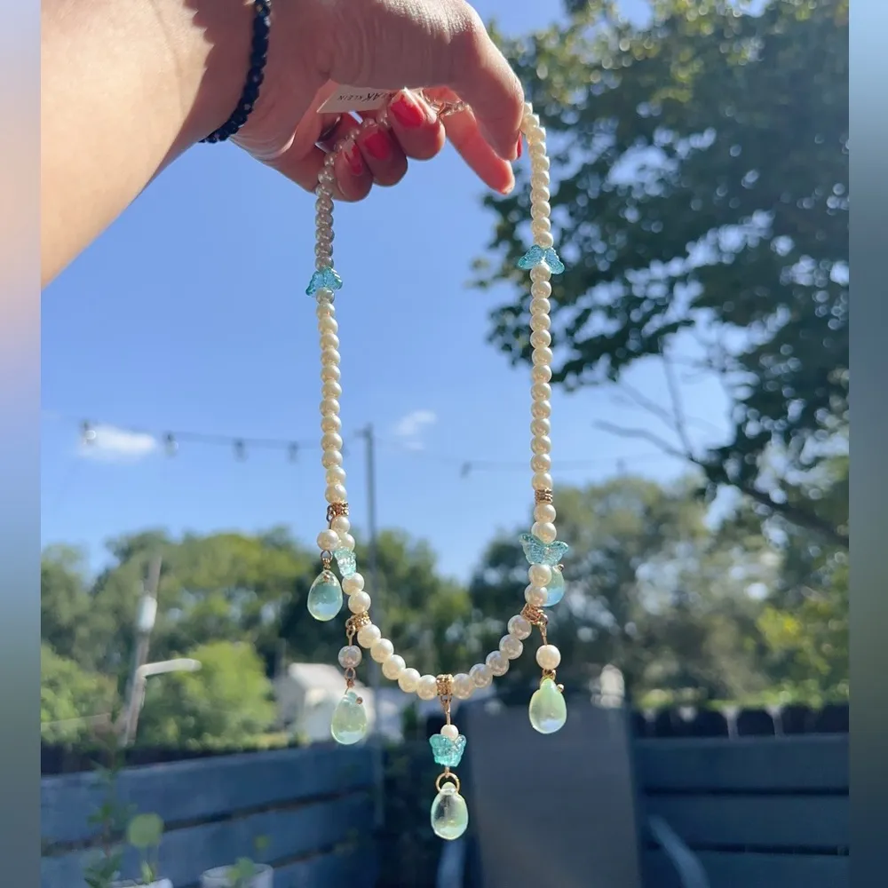 Anne Klein white pearl necklace light blue crystal resin butterfly teardrops - Image 4