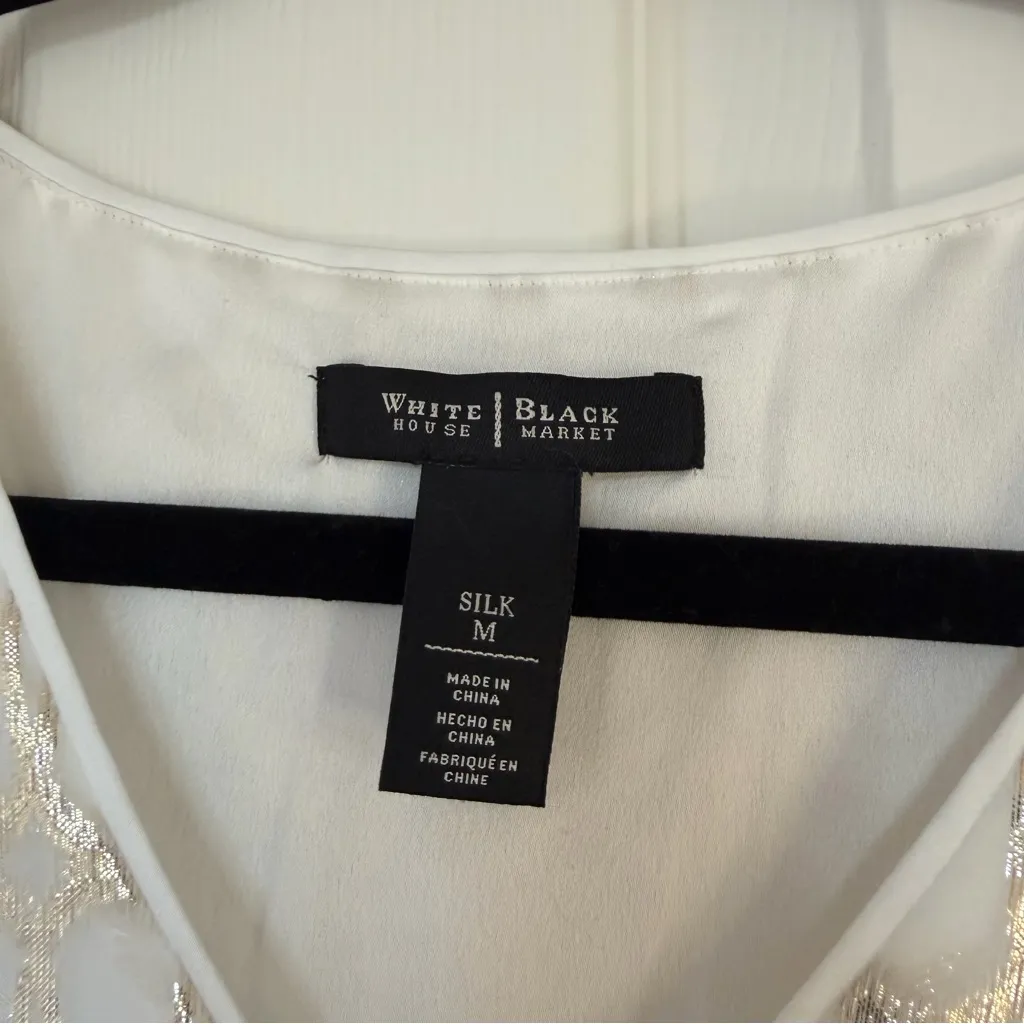 White House Black Market Silk Blouse Silver Gold Size Medium - Image 4