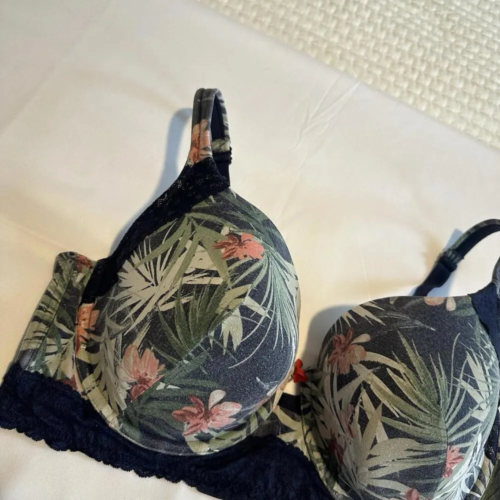 Cacique 42DDD Tropical Flower Lightly Lined T-shirt Bra Underwire Blue & Green - Image 4