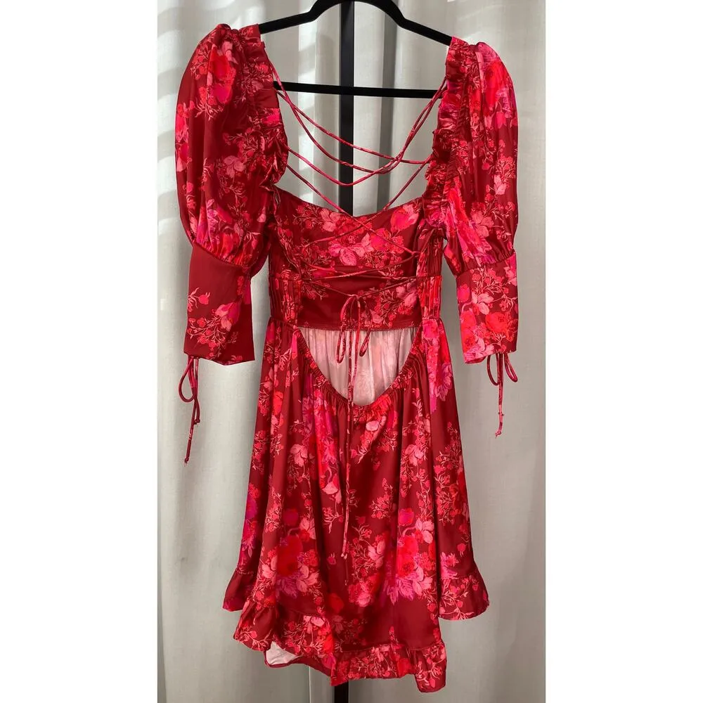 For Love & Lemons Alia Mini Dress Red Size Small NWT Lace Up Back Flirty Sassy - Image 6