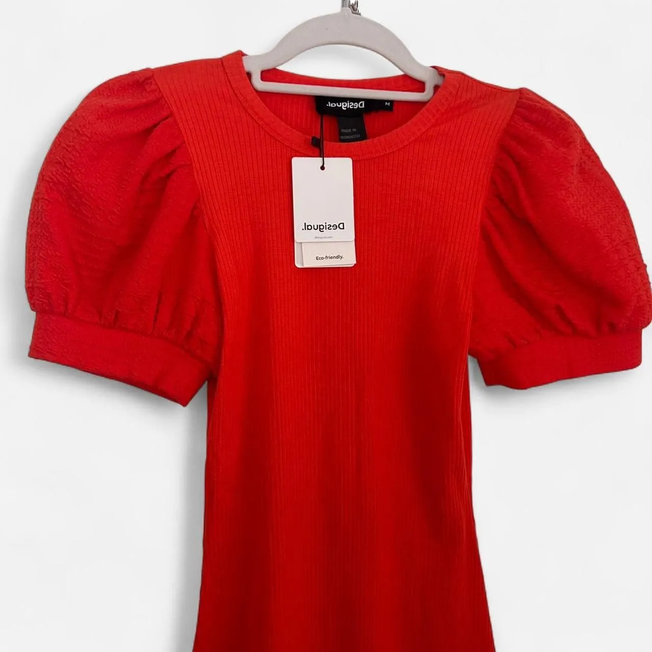 Desigual Coral Ribbed Knit Puff-Sleeve Mini Dress – Artsy Euro-Girl Chic M NWT - Image 4