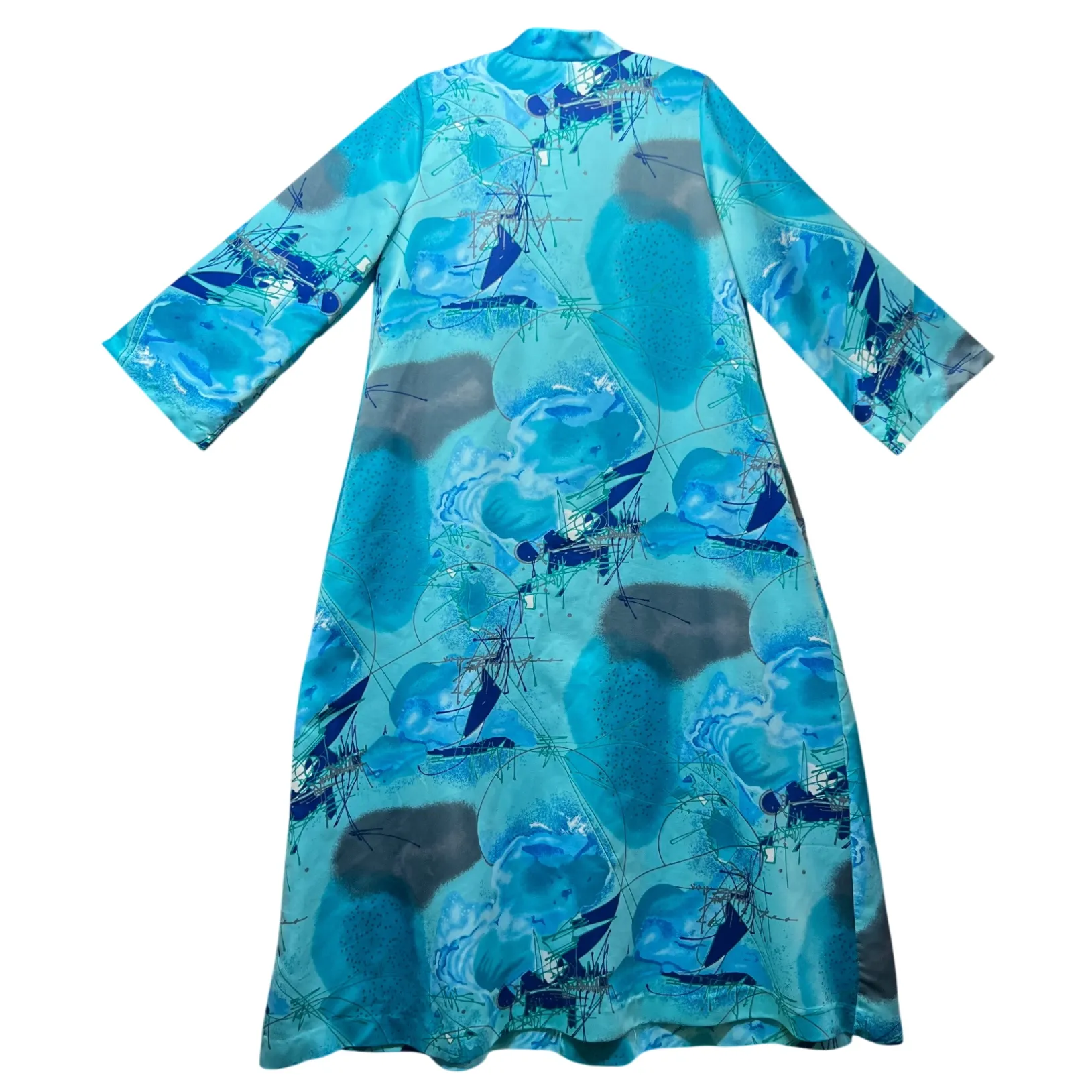 Vintage 60s Montgomery Ward Mid Century Mod Atomic Print Robe House Coat‎ Dress Blue Size M - Image 8