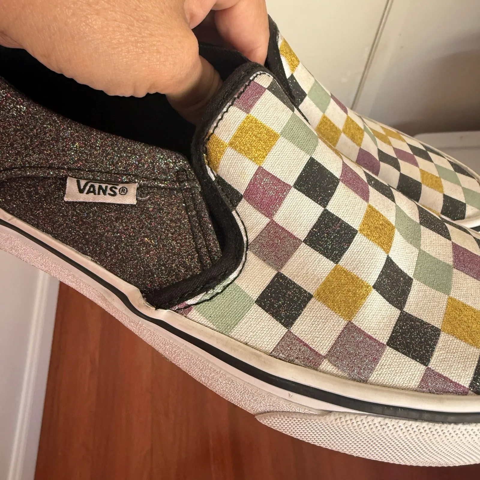 Vans Checkered Green Yellow Black Glitter Womens 6.5 - Image 11
