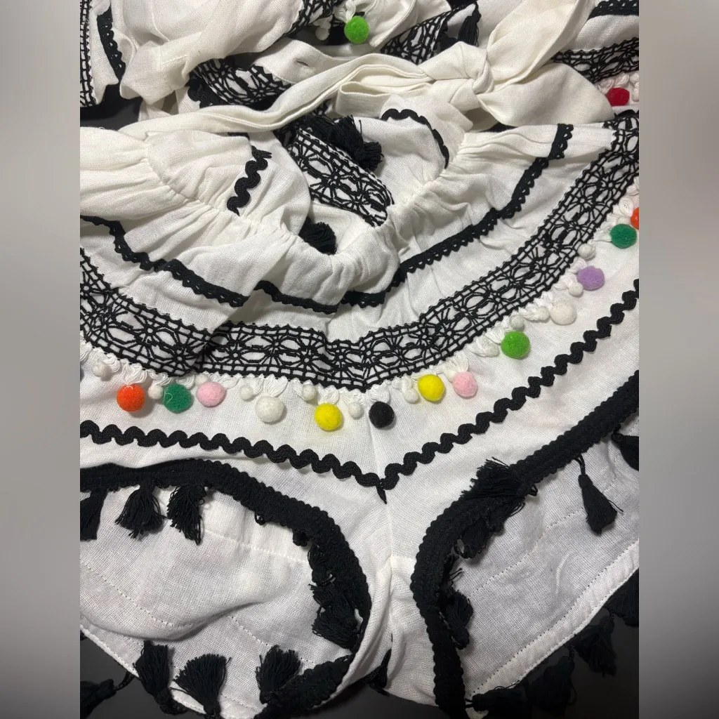 DODO BAR OR Delilah White and Black Embroidered Romper with Colorful Pom Pom - Image 6