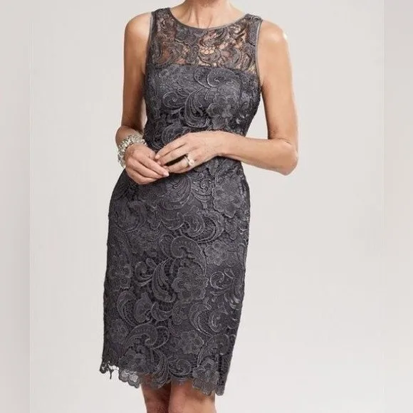 Adrianna Papell Illusion Neck Lace Sleeveless Charcoal Gray Sheath Dress Size 8 - Image 5