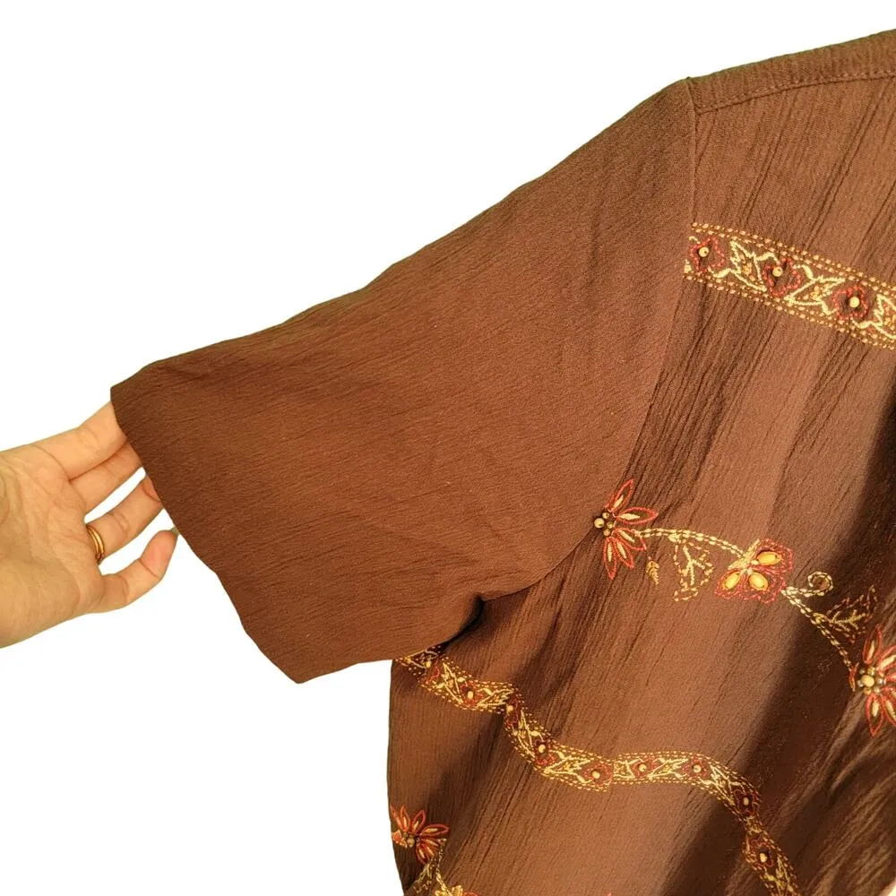 Y2K Vintage Brown White Floral Embroidered Retro Twofer Deadstock Blouse Size 14 - Image 7