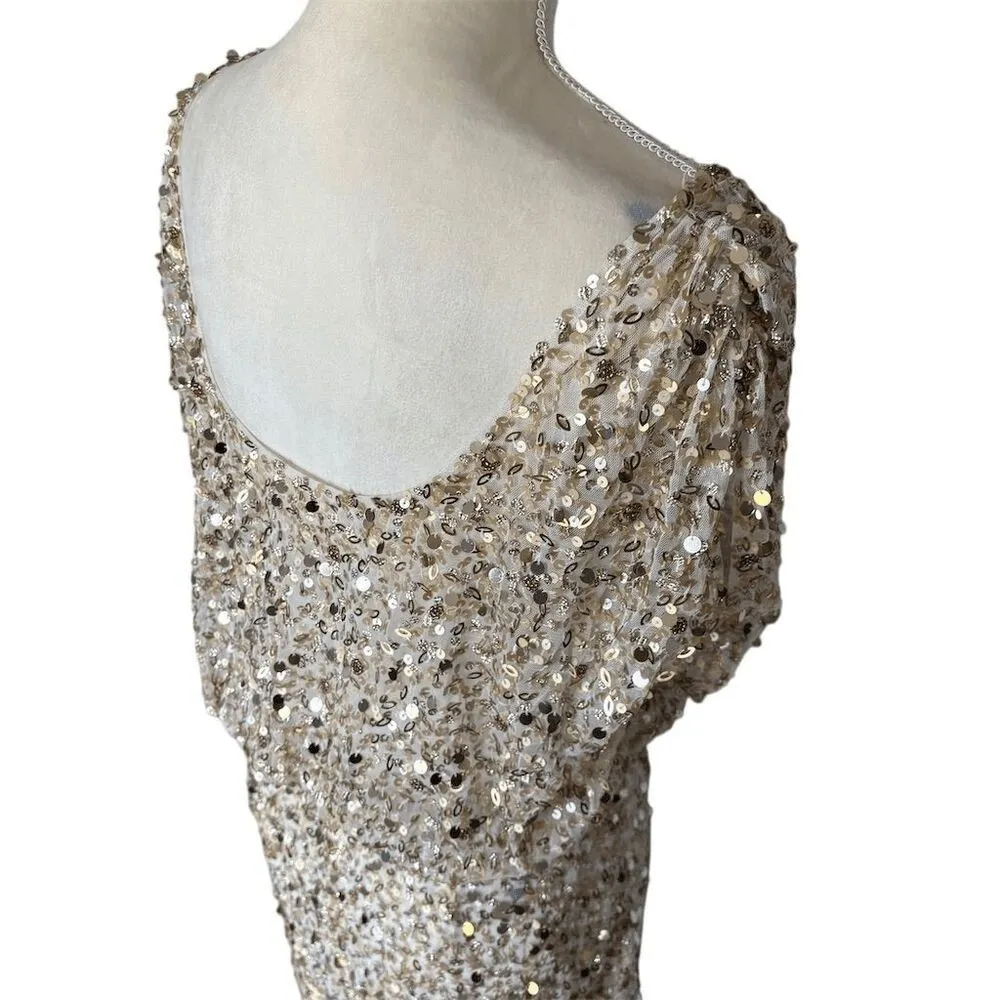 Aidan Mattox Gold Sequin Beaded Blouson Cocktail Dress Size 8 - Image 3