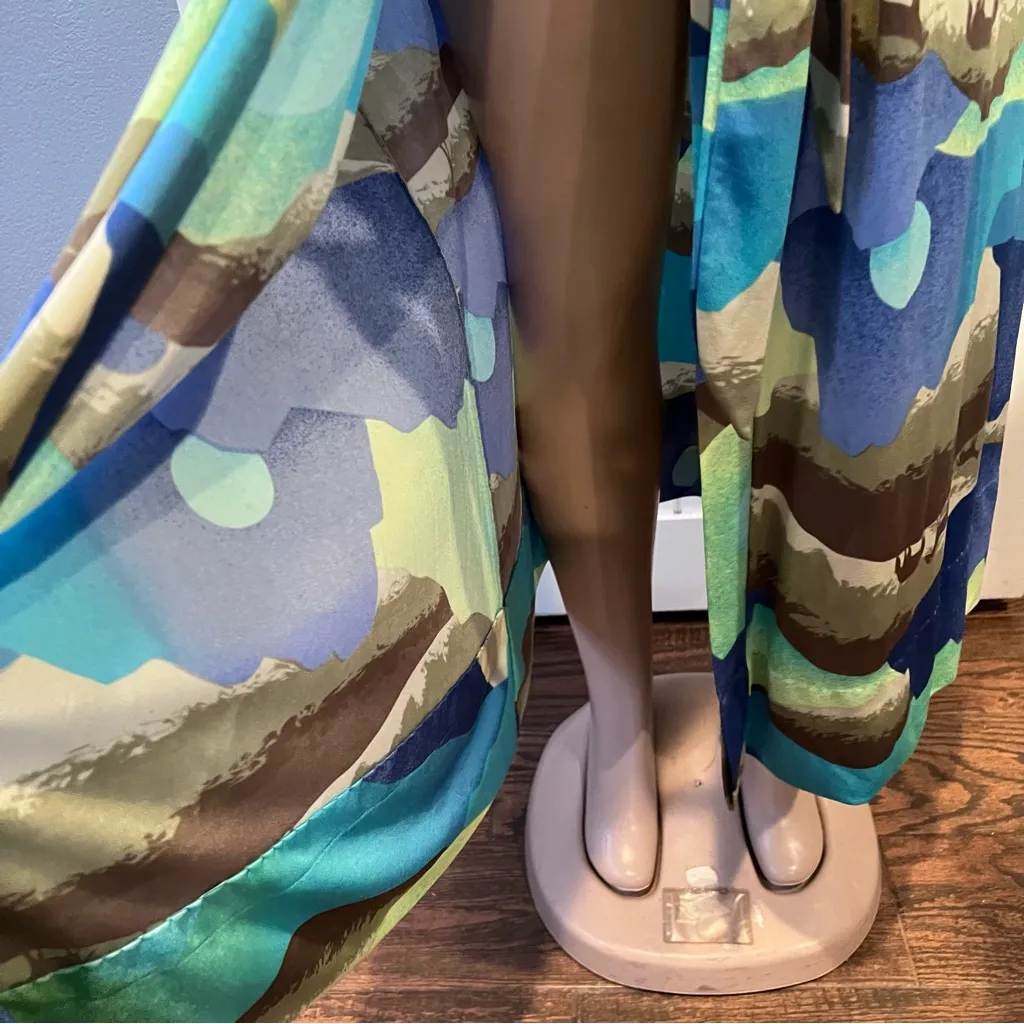 Vintage size 36 Sears kimono Qiana nylon Robe western horse moon mountain scene Blue - Image 10