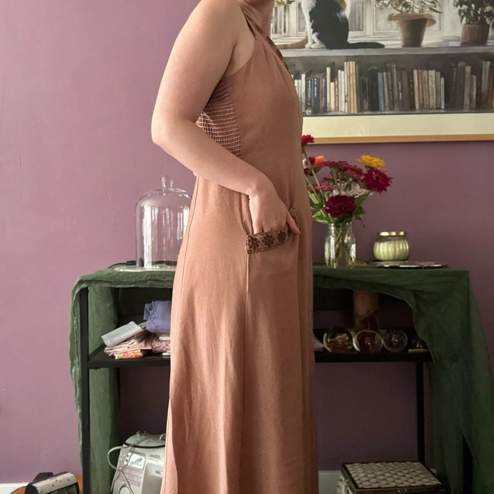 Vintage Wild Rose Warm Brown Wide-Leg Rayon Jumpsuit Boho Chic Coastal Cowgirl - Image 3