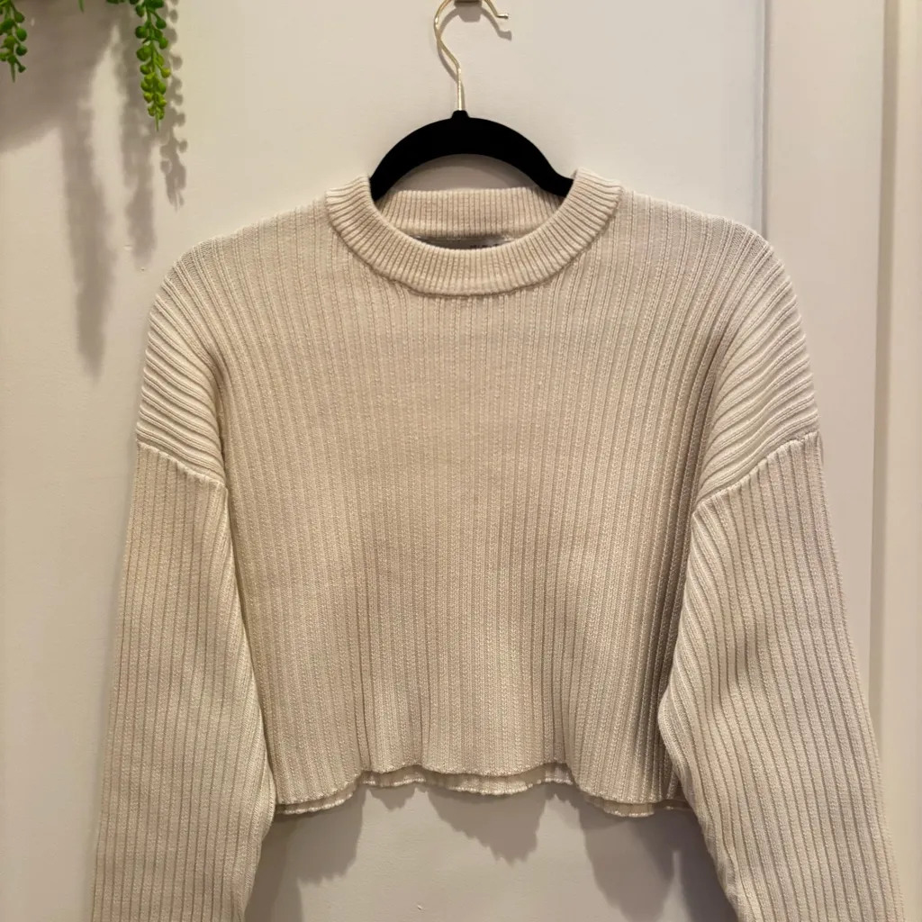 Bershka ASOS Cream Chunky Knit Cropped Long Sleeve Crewneck Sweater Womens Large - Image 2