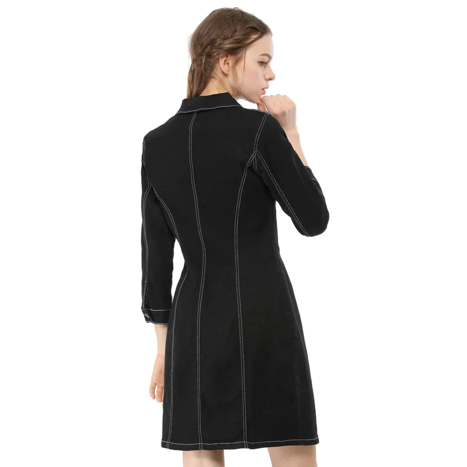 Allegra K 3/4 Sleeve Button Down Denim Shirt Dress in Black. Size M - Image 3