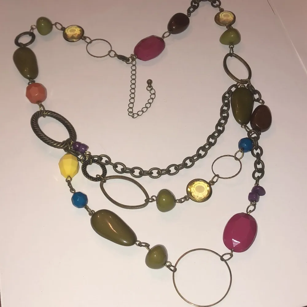 Brass Tone Colorful Multi Strand Beaded Boho Necklace - Image 3