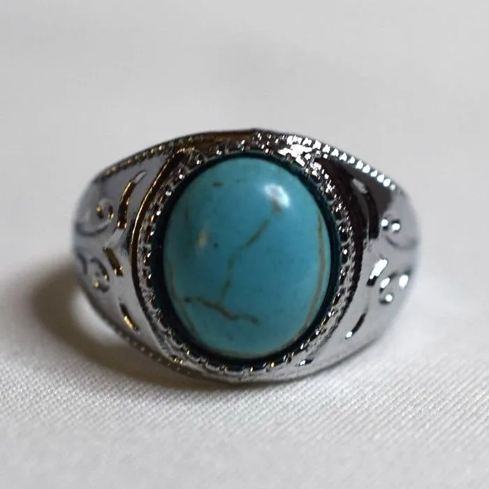 Southwestern Oval Faux Turquoise Stone Etched Silver Tone Sizes 11 & 13 Rings - Image 2