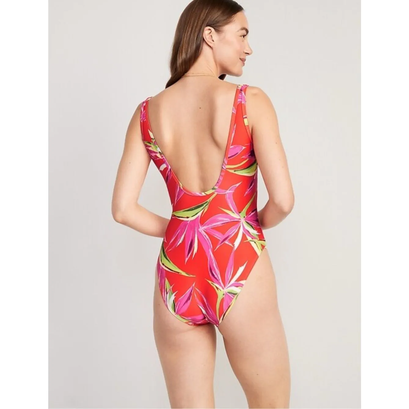 Old Navy Womens Red Floral Half Zip One Piece Swimsuit sz L Vacation Beach‎ - Image 2