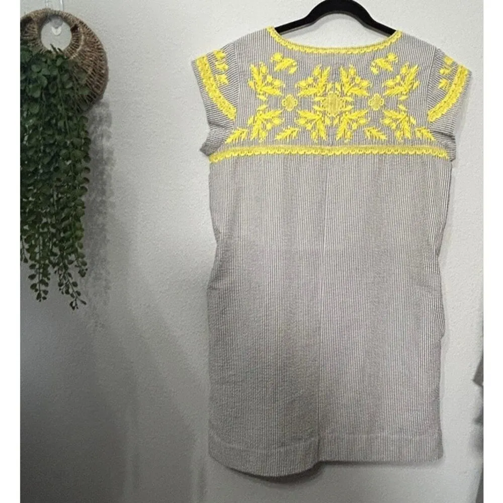 Uncle Frank Seersucker Embroidered Shift Dress Grey White Railroad Stripe Sz S - Image 3