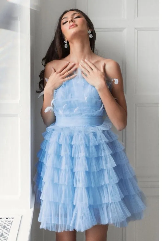 Mac Duggal Baby Blue Feathers Tulle Strapless Fit Flare Mini Dress Size 4 Party - Image 2
