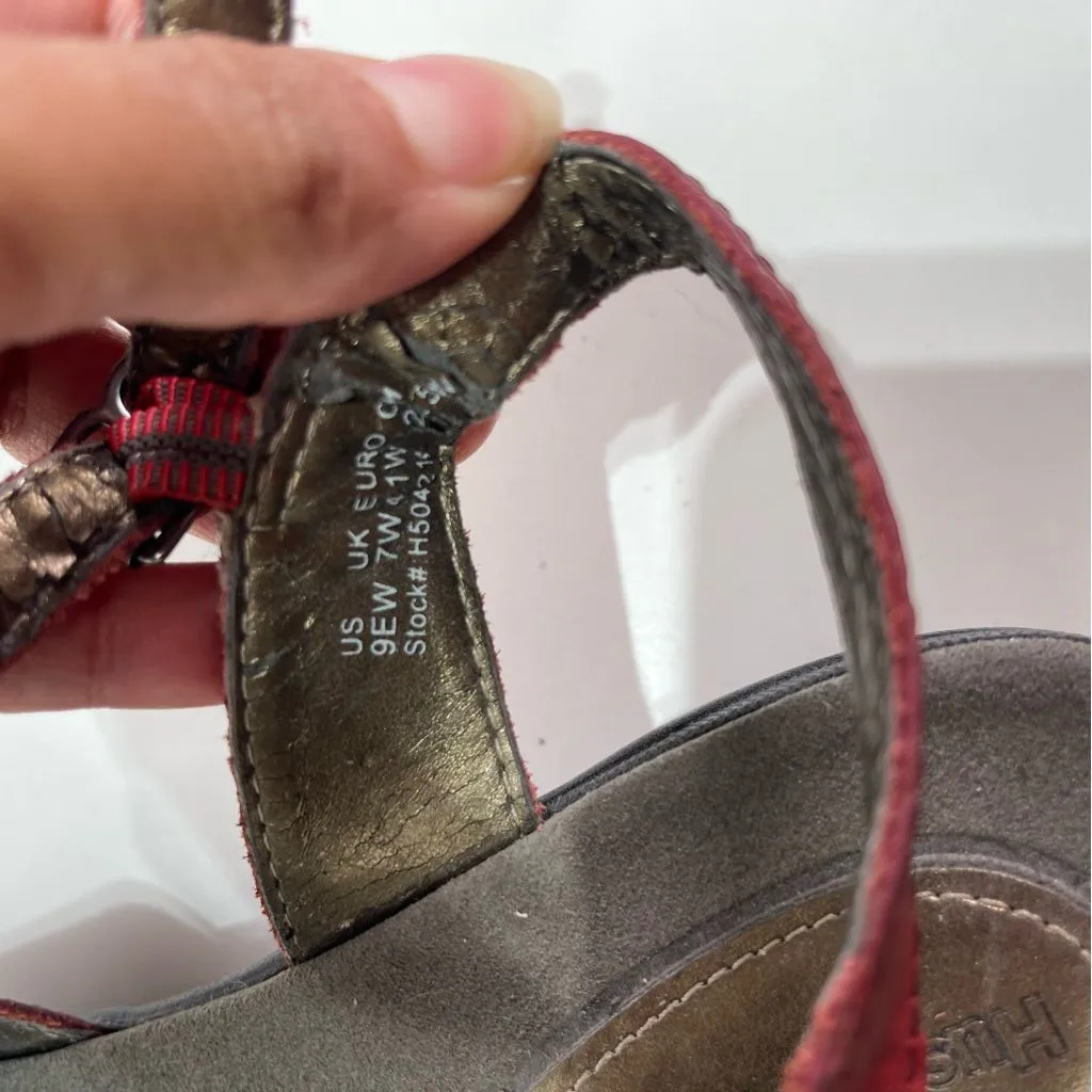 Hush Puppies Women 9EW Sandals Red Laser Cut Leather Strappy Boho Comfort Shoes - Image 7