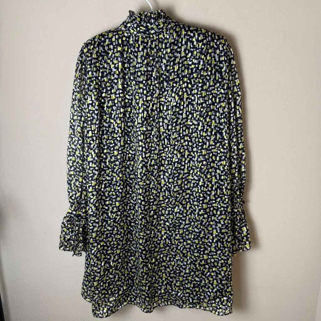 Alice + Olivia Rei Silk Blend Shirt Mini Dress Womens Medium Black Yellow Gray - Image 2