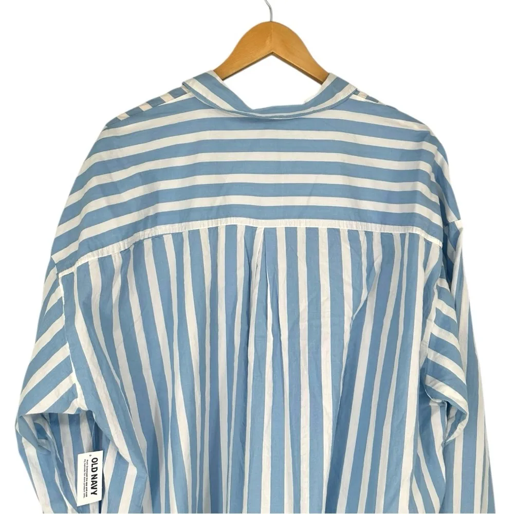 Old Navy Blue White Stripe Button Down Cropped Shirt size XXL Long Sleeve NWT - Image 7