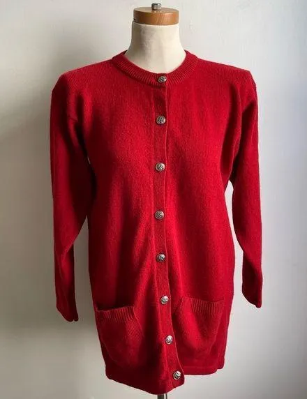 Vintage Laura Ashley Red Wool Knit Cardigan Silver Buttons Pockets Medium - Image 1