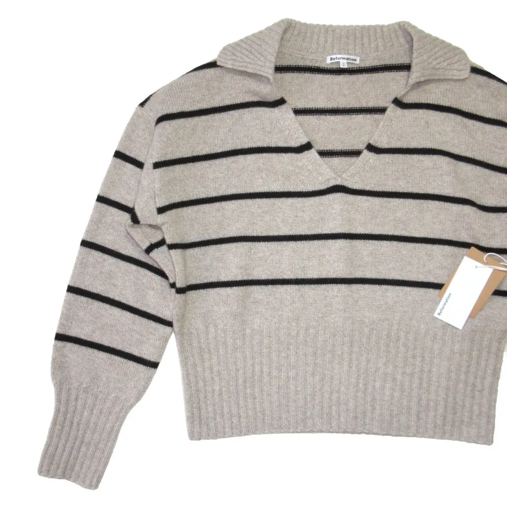 NWT Reformation Beckie in Barley Black Stripe Cashmere Collared Sweater L - Image 3