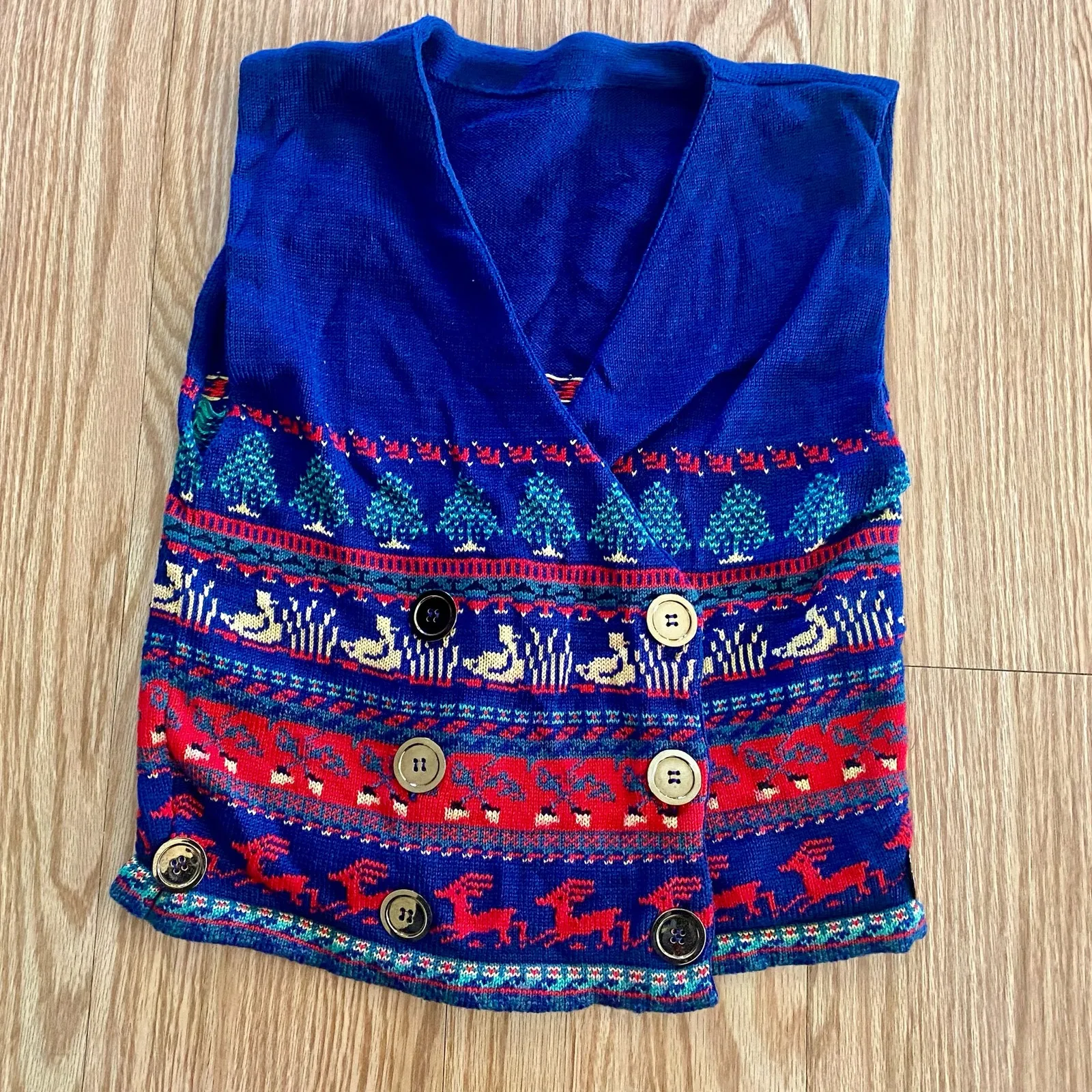 Vintage Blue Knit Cotton Christmas Holiday Sweater Vest Reindeer Womens Medium - Image 3