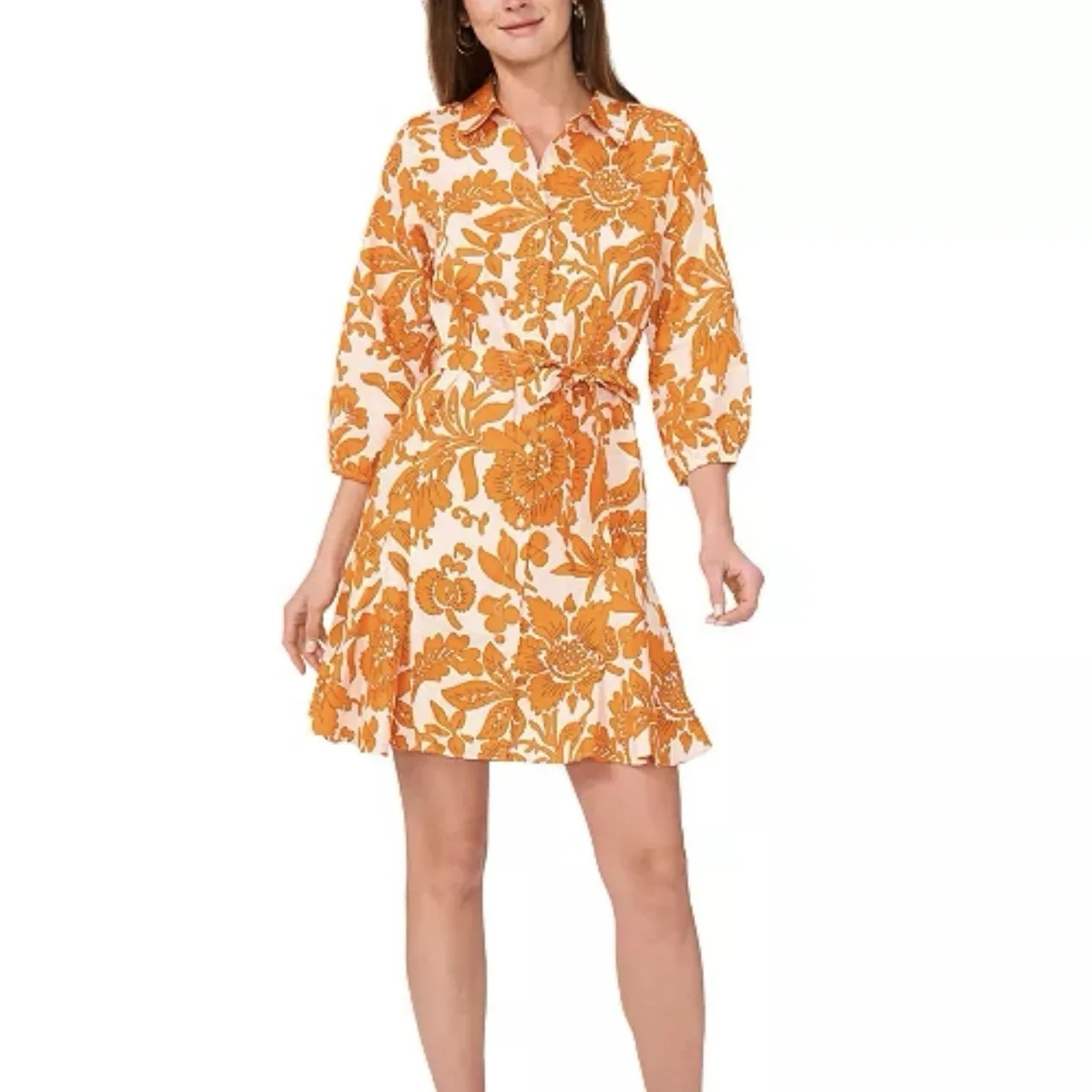 CYNTHIA STEFFE‎ Fit & Flare A-Line Floral Belted Poplin Dress Button Up Sz L - Image 2