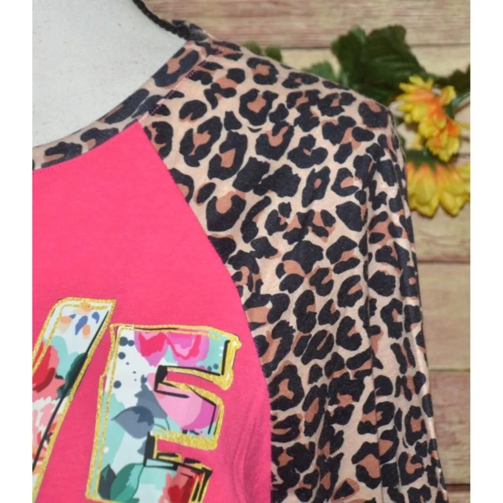 Southern Stitch Pink Raglan Cheetah Print Sleeve Top T-Shirt LOVE Graphic Size L - Image 4
