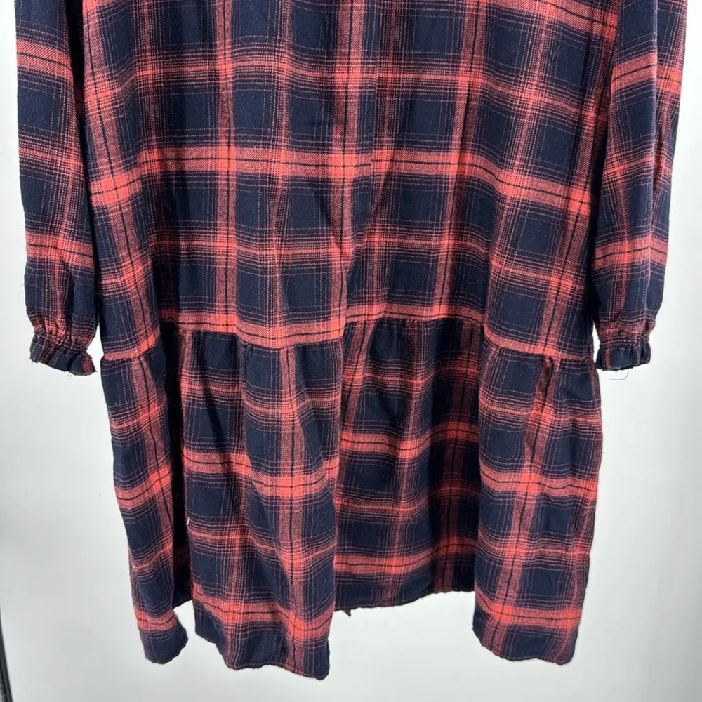 LOFT plaid flannel drop waist Orange navy Mini shirt Dress M casual fall office - Image 5