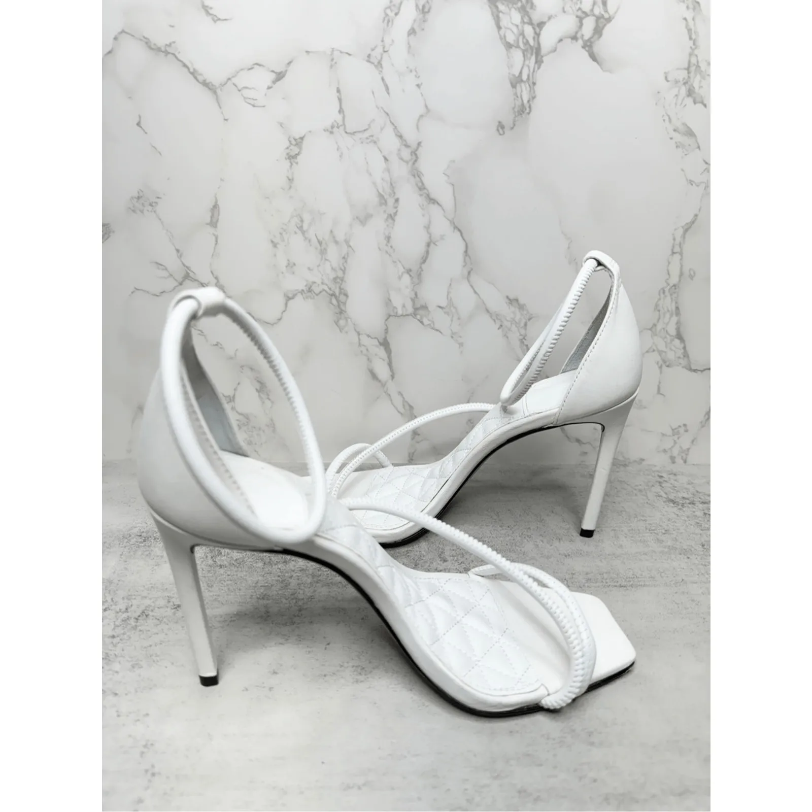 SCHUTZ Sandals Size 5B White Leather Open Square Toe Stiletto Heel Ankle Strap - Image 5