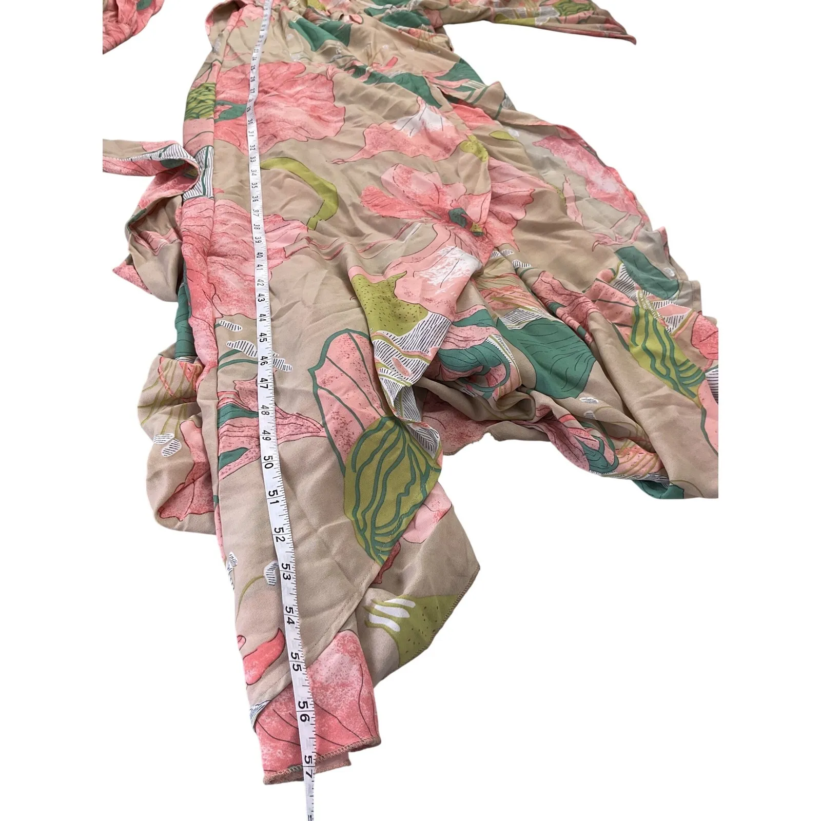 Xtaren Floral Print Maxi Wrap Dress Long Sleeve Belted Bohemian Beige Pink M - Image 10