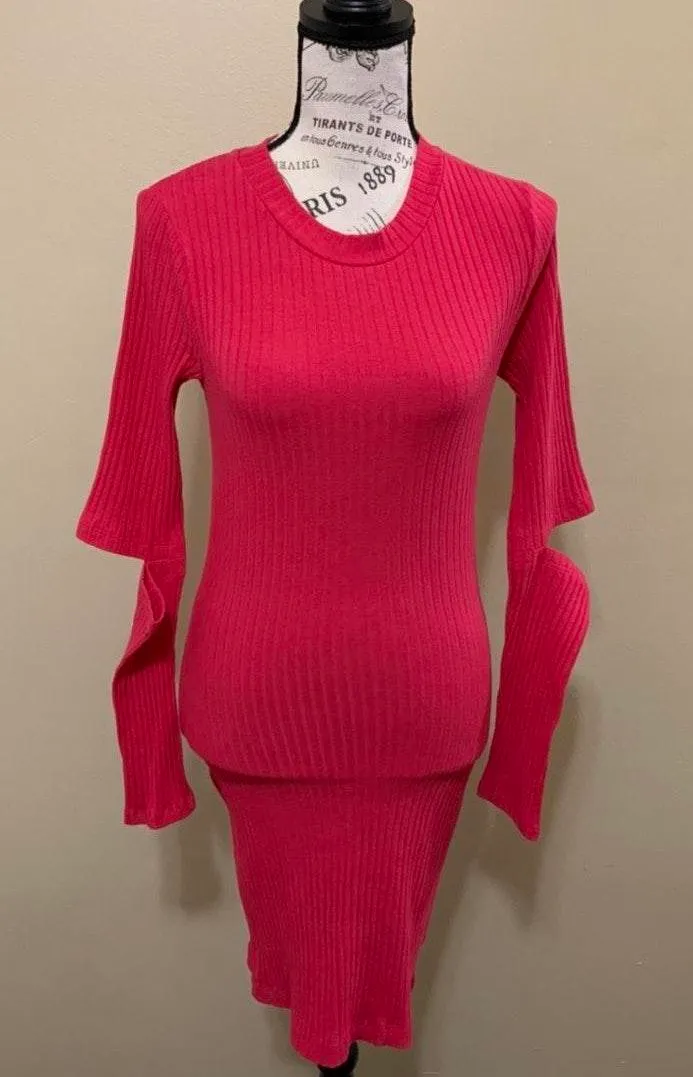 Lush Pink Ribbed Elbow Slit Bodycon Dress Medium - Image 3