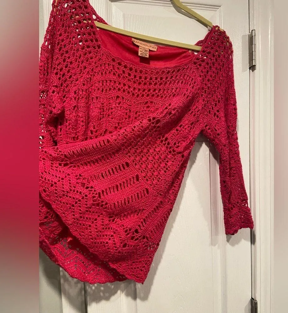 Bandolino Size L Pink Crochet 3/4 Sleeve Ramie Blend Top 3/4 Sleeve Scoop Neck - Image 4