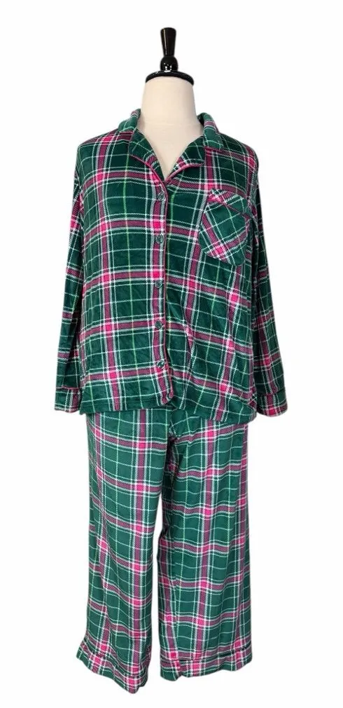 Joyspun Pajama Top Pant Set Button Front Green Pink Plaid Fleece Women’s Size 2X - Image 1