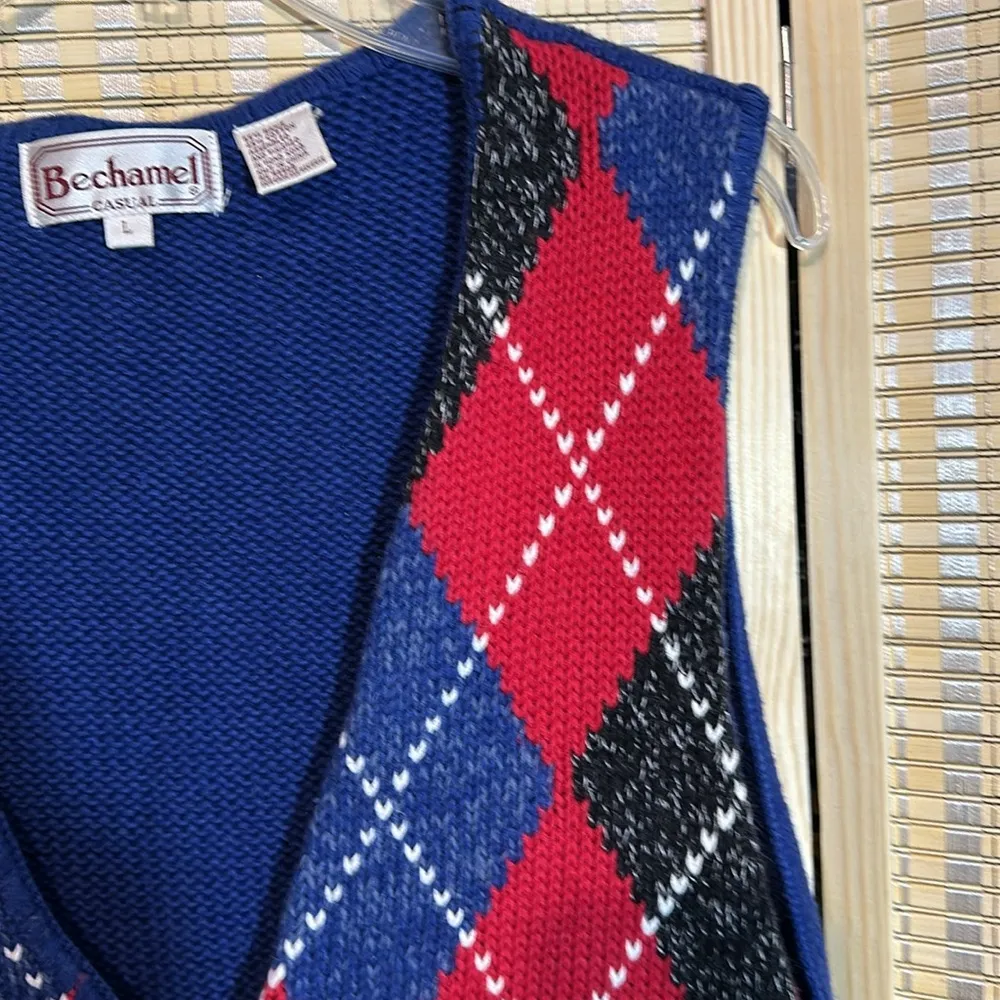 Bechamel Casual Vintage 1990s Blue Red Argyle Plaid Sweater Vest Large - Image 5