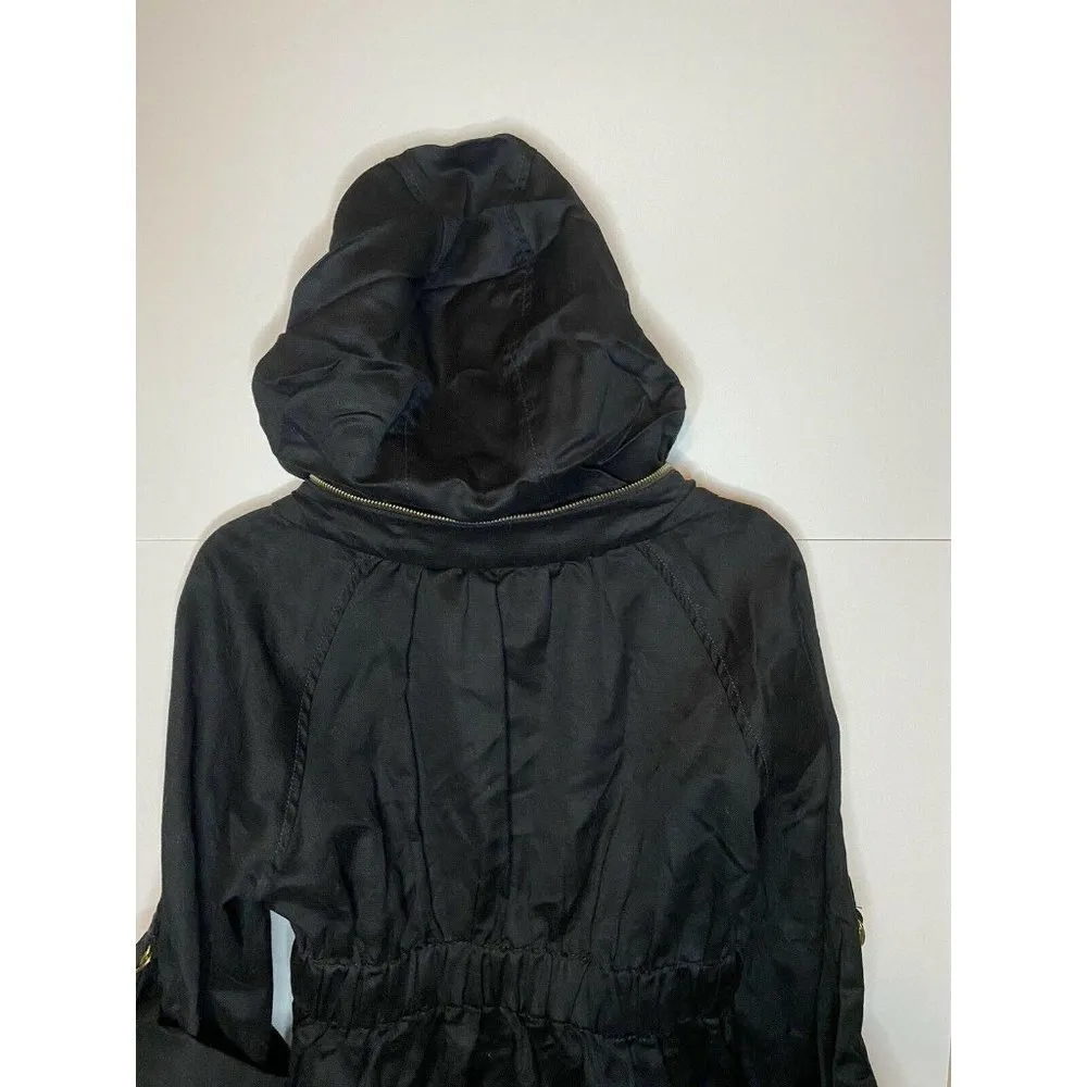 French Connection Black Jacket Parka Hidden Hood Roll-Sleeves Sz 4 - Image 6