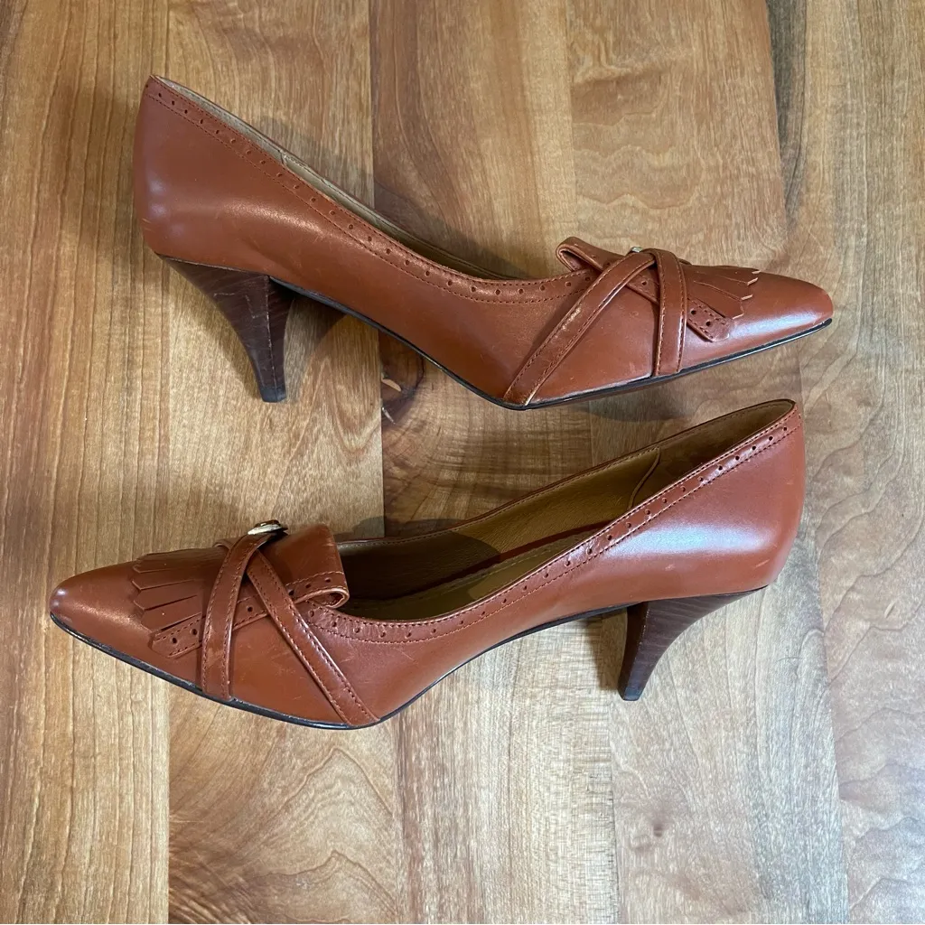 NWOB Brooks Brothers Brown Leather Kitten Heel Pumps Buckle Pointed Slip On 7 - Image 3