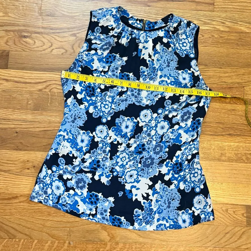 Tory Burch Women’s 4 Zorra Blue Floral Print Silk Sleeveless Lined Zip Shirt Top - Image 3