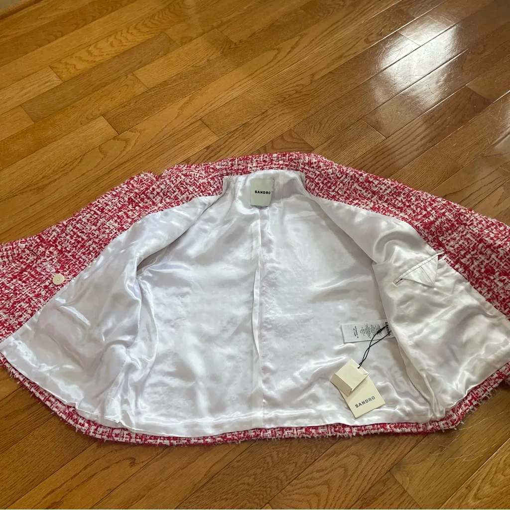 Sandro Cropped Short Tweed Jacket Blazer in Rouge sequins & metallic  Sz XL - Image 14