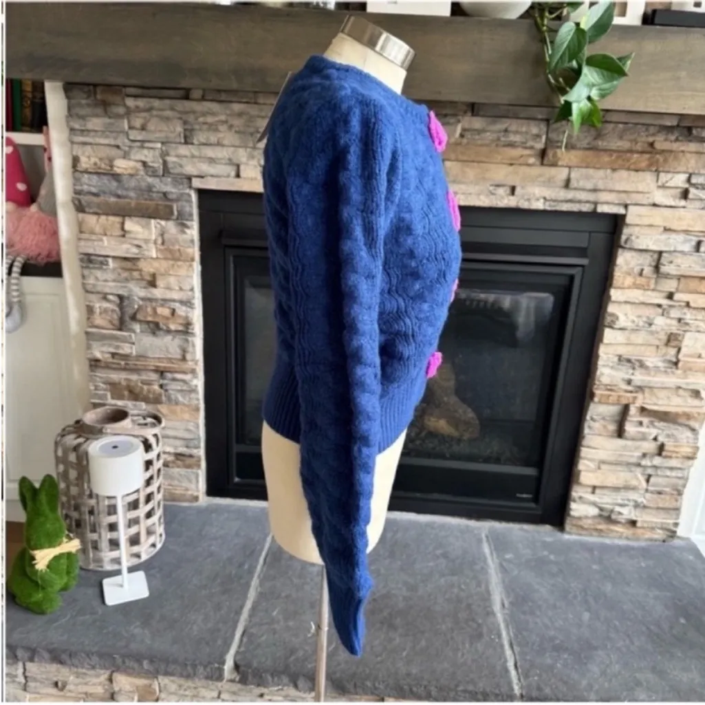 Elegant Blue Cardigan with Pink Floral Details - Image 9