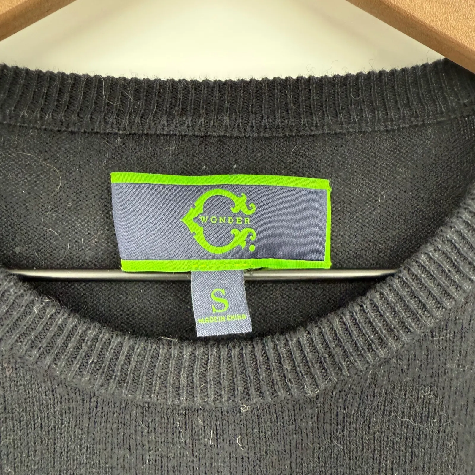 C Wonder Black Knit Sweater Cream Bow Applique Crew Neck Long Sleeve Size S - Image 3