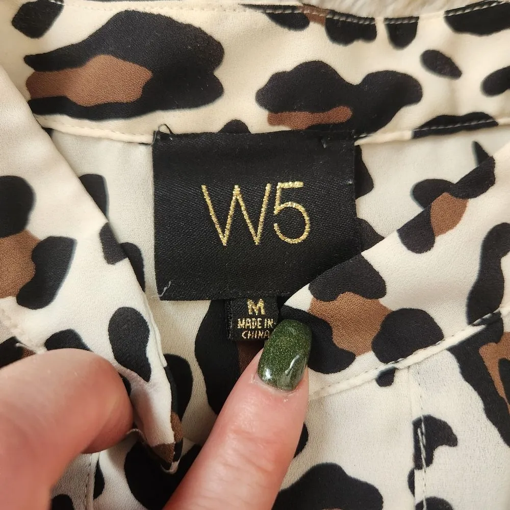 W5 Leopard Print Cap‎ Sleeve Notch Neck Blouse Cream Size Medium - Image 5