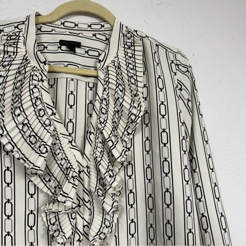 Ann Taylor Black & White Printed Ruffled Blouse Women’s S Preppy Long Sleeve Top - Image 4