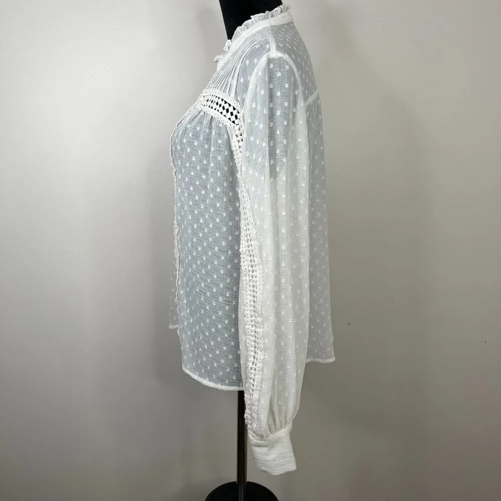 Zara Sheer Swiss Dot Crochet Button Front Ruffle Neck Blouse Size Small - Image 4